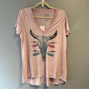 Chaser Tee Pink Cow Skull w/ Feathered Arrows Sz M NWT V Neck Top
